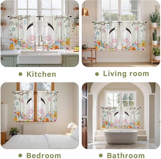 Easter Kitchen Curtains 54 Inch Long 2 Panel Set, Rod Pocket Window Curtains Panels, Spring Farmhouse Watercolor Bunny Eggs Wood Grain Light Filtering Privacy Draperies for Bedroom Laundry 42"W x 54"L