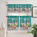 Spring Flowers Kitchen Curtains Set 3 Piece for Windows, Rod Pocket Valance and Tier Set 36 Inch Length, Farmhouse Watercolor Teal Wood Grain Light Filtering Cafe Curtains for Living Room Bathroom