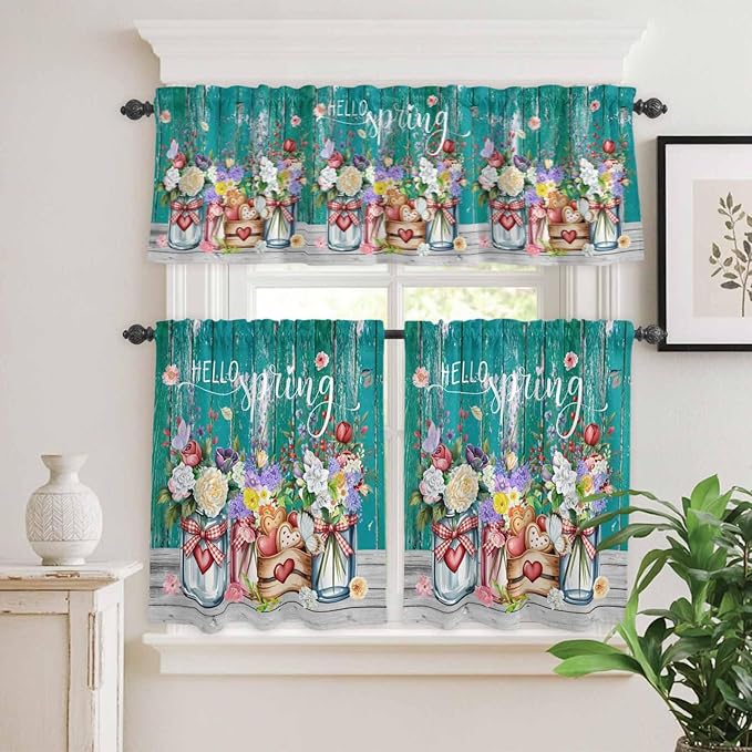 Spring Flowers Kitchen Curtain Set, Farmhouse Watercolor Teal Wood Grain Window Valance and Tiers 24" Length, Light Filtering Short Curtains Valance for Cafe Bathroom Bedroom 54"x18"