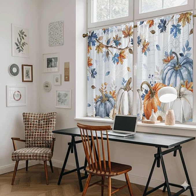 Fall Blue Maple Kitchen Tier Curtains 45 Inch Long 2 Panel Set,Rod Pocket Short Window Treatment,Thanksgiving Pumpkins Daisy Country Leaves Curtains & Drapes for Bathroom Basement 27.5"W x 45"L