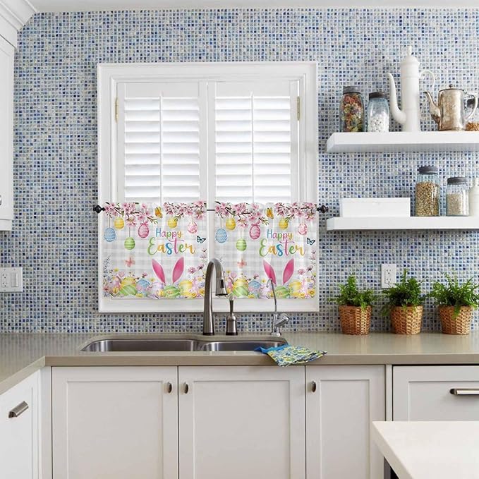 Happy Easter Half Window Curtain 36 Inches Long, Spring Watercolor Bunny Eggs Flower Grey Plaid Window Treatment Curtain Drapes, Small Tier Curtains for Bathroom Over Sink, 27.5"x36", 2 Panels