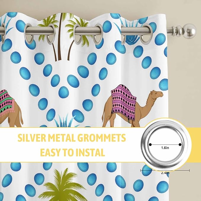 2 Panel Kitchen Cafe Curtains, Camels Palm Trees Sunlight Filtering Nature Air Through, Home Decor Window Covering Tier Curtains for Bedroom Living Room Tropical Desert Animal Plants Polka Dot