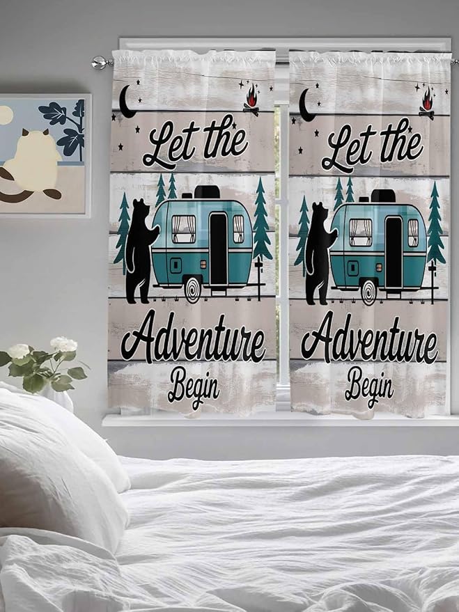 Farmhouse Bear Camper Van Tree Window Valance Curtains, Vintage Wood Grain Light Filtering Kitchen Valance with 3-inch Rod Pocket for Living Room Bathroom Bedroom,2 Panel,42x63In
