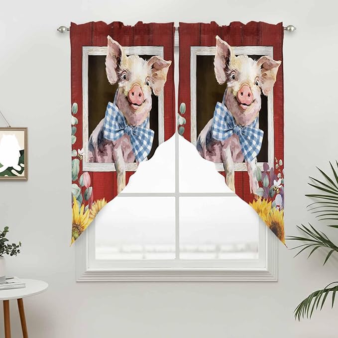 Pig Sunflowers Swag Valances for Windows, Eucalyptus Leaves Floral Bees Red Barn Rod Pocket Kitchen Curtains Valance, Small Window Curtains Swag for Cafe Bathroom Living Room, 2 Panels, 28x36 inch