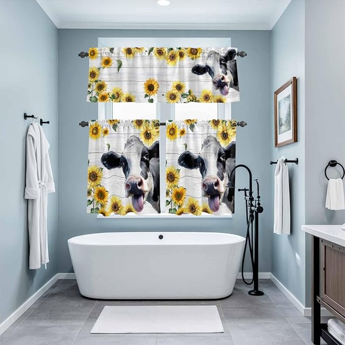Kitchen Curtains Tiers and Valance Set of 3, Cow Sunflowers Light Filtering Window Curtain Set, Farmhouse Animals Plants Wooden Grain Rod Pocket Curtain Drapes for Cafe, Living Room, 36 Inches Tiers