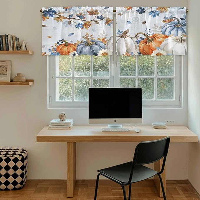 Fall Blue Maple Kitchen Tier Curtains 24 Inch Long 2 Panel Set,Rod Pocket Cafe Small Window Curtains Over Sink,Thanksgiving Pumpkins Daisy Country Leaves Short Drapes for Bathroom 27.5"W x 24"L