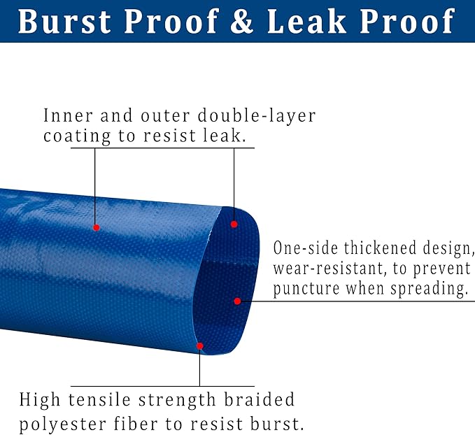 1-1/2 in x 50 ft Pool Backwash Hose Heavy Duty Drain Discharge PVC Lay flat General Purpose Vinyl Hose, Burst Resistant for Water Transfer Sump Pump Pool Filter (1.5in 50ft fiber reinforced hose)