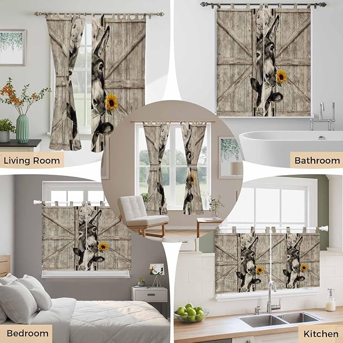 Funny Farm Animals Bathroom Curtains 63 Inch Length, Window Curtains Tab Top, Vintage Barn Brown Sunflowers Light Filtering Window Treatments Drapes 52"x63" 2 Panel