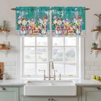 Spring Flowers Tier Curtains, Farmhouse Watercolor Teal Wood Grain Light Filtering Kitchen Curtains, 2Pcs Rod Pocket Half Window Treatments Panels for Sink Cafe Cabinet Camper 27.5x36 Inches