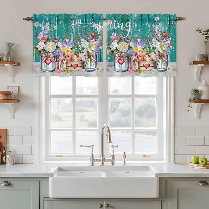 Spring Flowers Tier Curtains, Farmhouse Watercolor Teal Wood Grain Light Filtering Kitchen Curtains, 2Pcs Rod Pocket Half Window Treatments Panels for Sink Cafe Cabinet Camper 27.5x24 Inches
