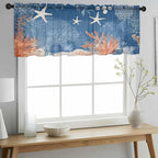Ocean Corals Sheer Valance Curtains, Summer Beach Coral Sea Stars Dark Blue Light Filtering Kitchen Valances Rod Pocket Voile Curtain Window Treatment for Bedroom/Living Room/Basement 60Wx18L
