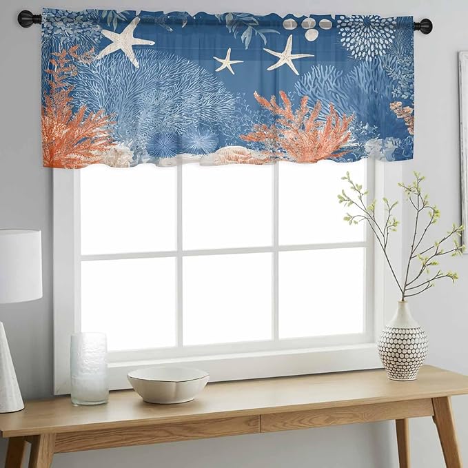Ocean Corals Sheer Valance Curtains, Summer Beach Coral Sea Stars Dark Blue Light Filtering Kitchen Valances Rod Pocket Voile Curtain Window Treatment for Bedroom/Living Room/Basement 42Wx12L