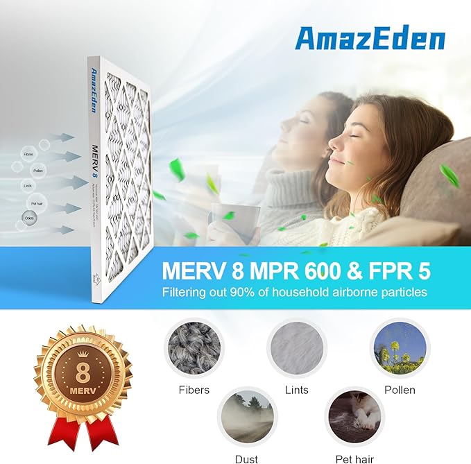 12x12x1 Air Filter 6-Pack (MERV 8) MPR 600 & FPR 5 AC Furnace Filters Pleated Dust Defense Replacement (Actual Size: 11.81"x11.81"x 0.79")