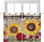 Sunflowers Kitchen Curtains 45 Inch Length, Short Cafe Window Curtains Tab Top, Retro Flower Barn Doors Butterfly Farmhouse Brown Light Filtering Window Treatments Tier Drapes 27.5"x45" 2 Panel