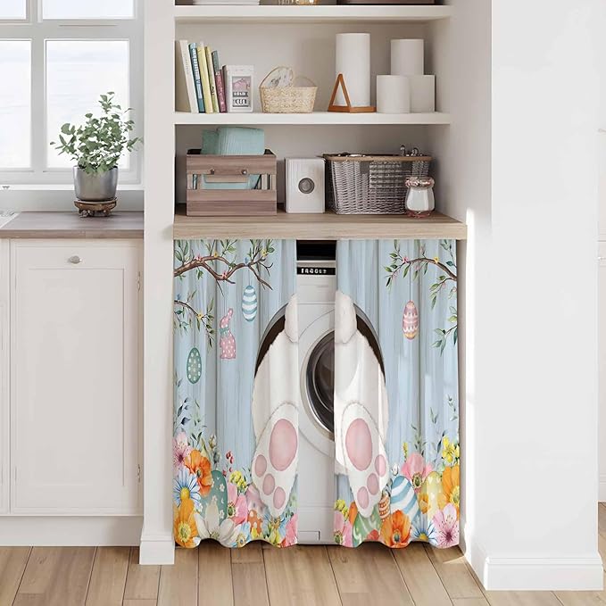Easter Kitchen Curtains 45 Inch Long 2 Panel Set,Rod Pocket Window Treatment,Spring Watercolor Bunny Eggs Flower Wood Grain Blue Light Filtering Short Curtains & Drapes Laundry 52"W x 45"L