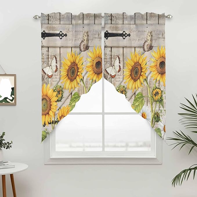 Farm Flowers Swag Valances for Windows, Retro Sunflowers Barn Doors Butterfly Wood Board Rod Pocket Kitchen Curtains Valance, Small Window Curtains Swag for Cafe Living Room, 2 Panels, 36x36 inch