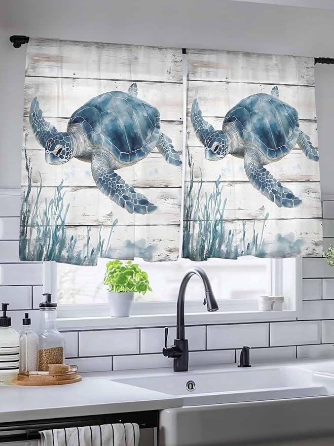 Sheer Curtains 54 Inch Length, Ocean Sea Turtle Semi Sheer Curtains Light Filtering Window Treatment, Coastal Seaweed Vintage Wood Grain Privacy Voile Drapes for Living Room Bedroom 52x54 Inch