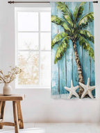 Sheer Curtains 72 Inches Long, Coastal Beach Starfish Semi Sheer Curtains Light Filtering Window Treatment, Blue Green Tropical Palm Tree Wood Grain Privacy Voile Drapes for Living Room 52x72 Inch