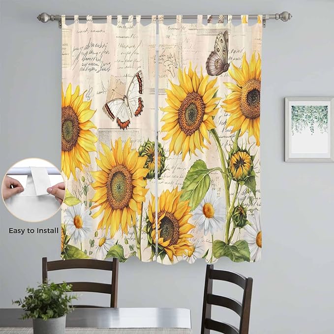 Yellow Sunflowers Living Room Curtains 96 Inch Length, Window Curtains Tab Top, Country Farm Butterfly Flower Light Beige Light Filtering Window Treatments Drapes 52"x96" 2 Panel