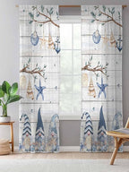 Sheer Curtains 108 Inches Long, Coastal Eucalyptus Semi Sheer Curtains Light Filtering Window Treatment, Ocean Blue Gnomes Starfish Leaf Wood Grain Privacy Voile Drapes for Living Room 52x108 Inch