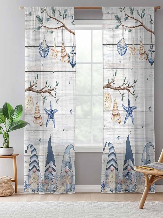 Sheer Curtains 108 Inches Long, Coastal Eucalyptus Semi Sheer Curtains Light Filtering Window Treatment, Ocean Blue Gnomes Starfish Leaf Wood Grain Privacy Voile Drapes for Living Room 52x108 Inch