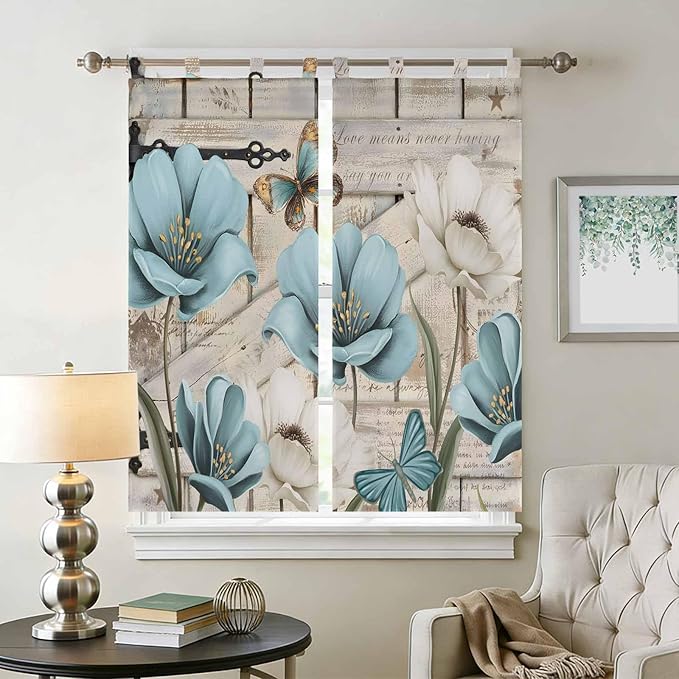 Teal Blue Tulips Bedroom Curtains 72 Inch Length, Window Curtains Tab Top, Spring Floral Barn Doors Vintage Wood Beige Light Filtering Window Treatments Drapes 52"x72" 2 Panel