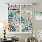 Teal Blue Tulips Living Room Curtains 84 Inch Length, Window Curtains Tab Top, Spring Floral Barn Doors Vintage Wood Beige Light Filtering Window Treatments Drapes 42"x84" 2 Panel