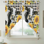 Retro Sunflowers Swag Valances for Windows, Farmhouse Floral Cow Butterfly Black Plaid Rod Pocket Kitchen Curtains Valance, Kitchen Window Curtains Swag for Cafe Living Room, 2 Panels, 36x45 inch