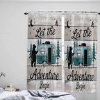 Farmhouse Bear Camper Van Tree Window Valance Curtains, Vintage Wood Grain Light Filtering Kitchen Valance with 3-inch Rod Pocket for Living Room Bathroom Bedroom,2 Panel,52x72In