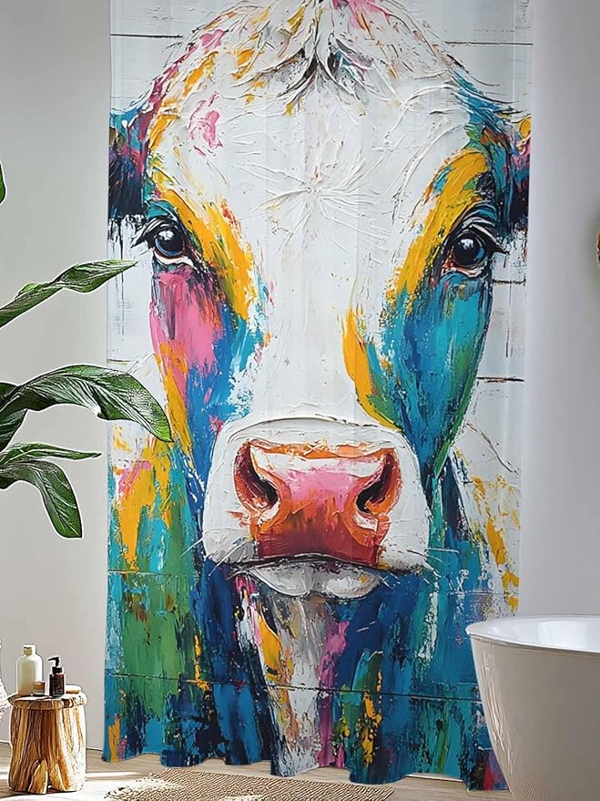 Sheer Curtains 108 Inches Long, Farmhouse Oil Painting Semi Sheer Curtains Light Filtering Window Treatment, Colorful Cow Animal Wooden Grain Privacy Voile Drapes for Living Room Bedroom 52x108 Inch