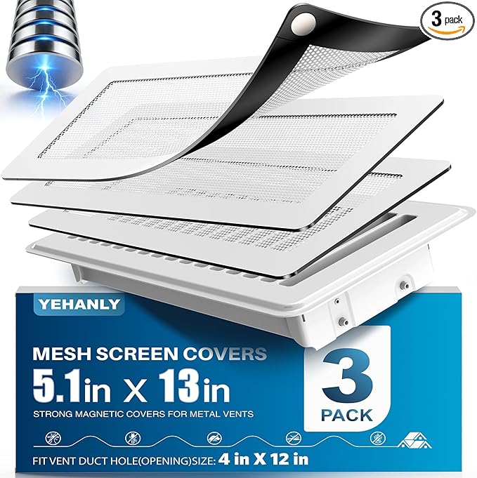 Magnetic Vent Covers with Vent Screen 5.1x13 Inch, White Mesh Vent Covers for Floor, Wall, Ceiling Air Vents to Block Dust, Pet Hair, Fits Standard HVAC Floor Registers in Home, RV, 3 Pack