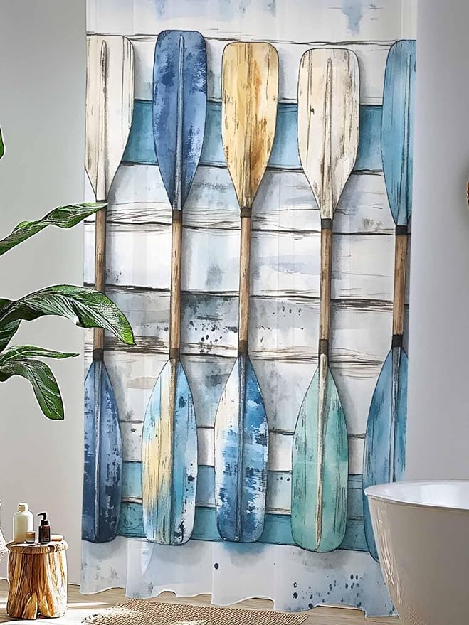 Sheer Curtains 108 Inches Long, Lake Paddle Striped Semi Sheer Curtains Light Filtering Window Treatment, Watercolor Vintage Wood Grain Privacy Voile Drapes for Living Room Bedroom 52x108 Inch