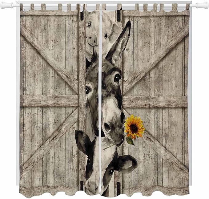 Funny Farm Animals Living Room Curtains 84 Inch Length, Window Curtains Tab Top, Vintage Barn Brown Sunflowers Light Filtering Window Treatments Drapes 52"x84" 2 Panel