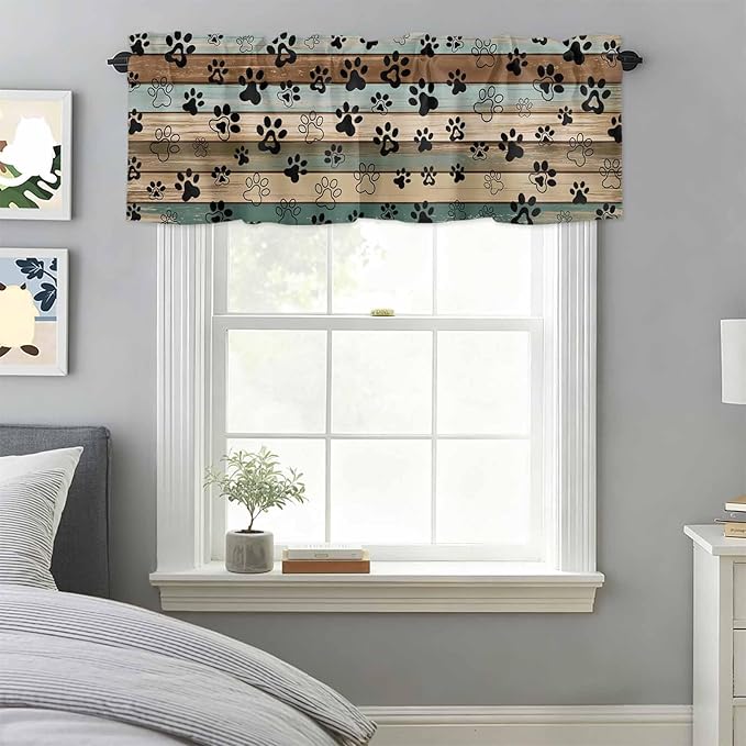 Dog Paws Valances for Windows, Teal Brown Wood Grain Kitchen Valance Light Filtering Rod Pocket Short Curtains for Kitchen Bathroom, 1 Panel, 54"x18"