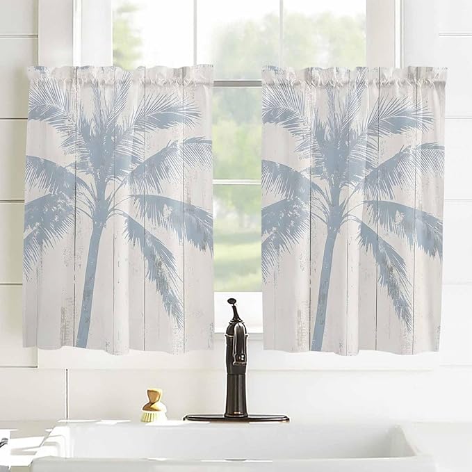 Summer Coconut Tree on Vintage Wood Grain Window Valance Curtains, Seaside Plants Light Filtering Kitchen Valance with 3-inch Rod Pocket for Living Room Bathroom Bedroom,2 Panel,42x45In