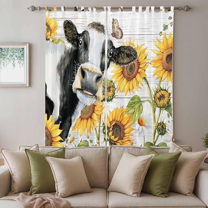 Retro Farmhouse Floral Living Room Curtains 96 Inch Length, Window Curtains Tab Top, Yellow Sunflowers Cows Butterfly Wood Light Filtering Window Treatments Drapes 52"x96" 2 Panel