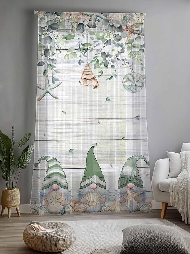 Sheer Curtains 108 Inches Long, Coastal Eucalyptus Leaf Semi Sheer Curtains Light Filtering Window Treatment, Sage Green Gnomes Starfish Privacy Voile Drapes for Living Room Bedroom 52x108 Inch