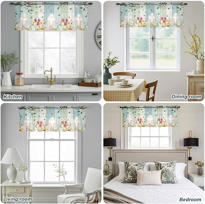 Easter Sheer Valances for Windows 42"x18", Light Filtering Kitchen Curtains Valance, Spring Watercolor Eggs Country Tulip Wooden Grain Rod Pocket Chiffon Curtains for Living Room Bedroom Cafe