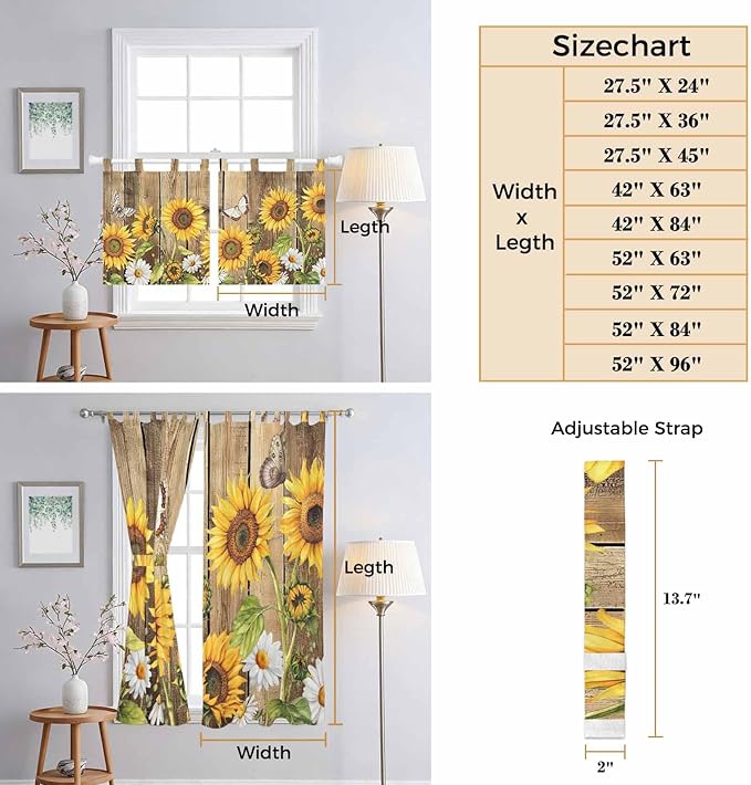 Farmhouse Sunflowers Bathroom Curtains 63 Inch Length, Window Curtains Tab Top, Rustic Floral Buttterfly Wood Board Brown Light Filtering Window Treatments Drapes 52"x63" 2 Panel