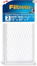 Filtrete 12x20x1 AC Furnace Air Filter, MERV 13, MPR 1900, Premium Allergen, Bacteria & Virus Filter, 3-Month Pleated 1-Inch Electrostatic Air Cleaning Filter, 2-Pack (Actual Size 11.81x19.81x0.78 in)