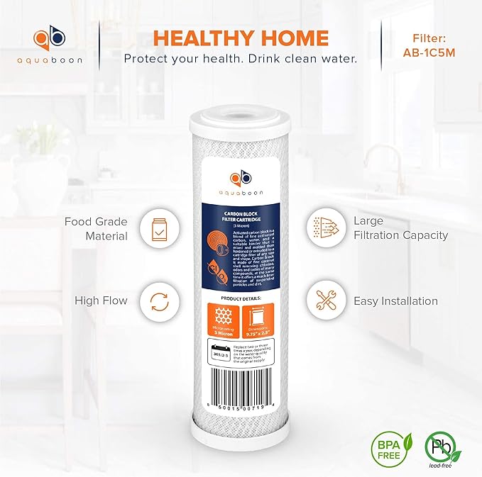 Aquaboon 5 Micron 10 x 2.5 Carbon Block Water Filter Cartridge CTO Whole House Water Filter Replacement Compatible with WHKF-WHWC, FXWTC, 4-PACK