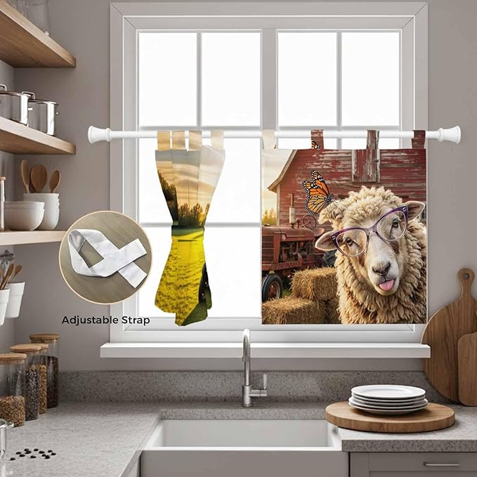 Farm Sheep Kitchen Curtains 36 Inch Length, Small Window Curtains Tab Top, Farmhouse Barn Funny Animals Butterfly Light Filtering Short Window Treatments Tier Drapes 27.5"x36" 2 Panel