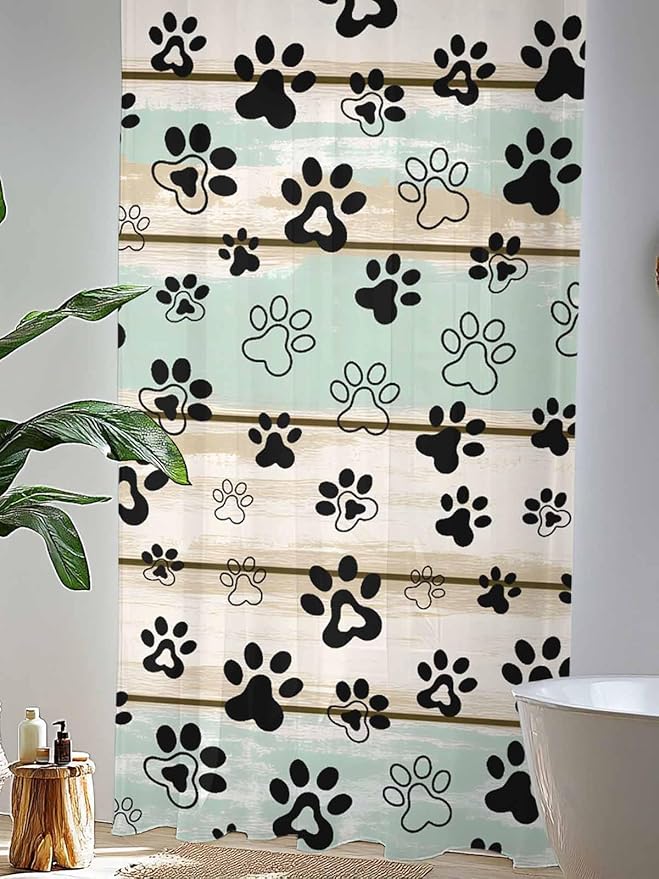 Sheer Curtains 108 Inches Long, Sage Green Beige Farmhouse Semi Sheer Curtains Light Filtering Window Treatment, Black Dog Paw Vintage Wooden Privacy Voile Drapes for Living Room Bedroom 52x108 Inch
