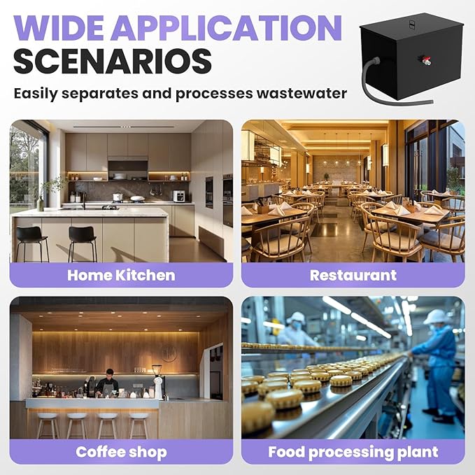 40 LBS Commercial Grease Trap Carbon Steel Interceptor, 15 GPM Flow Rate Under Sink Design, Dual Filter Tube for Restaurant Home Kitchen Food Processing Plant Wastewater Separation