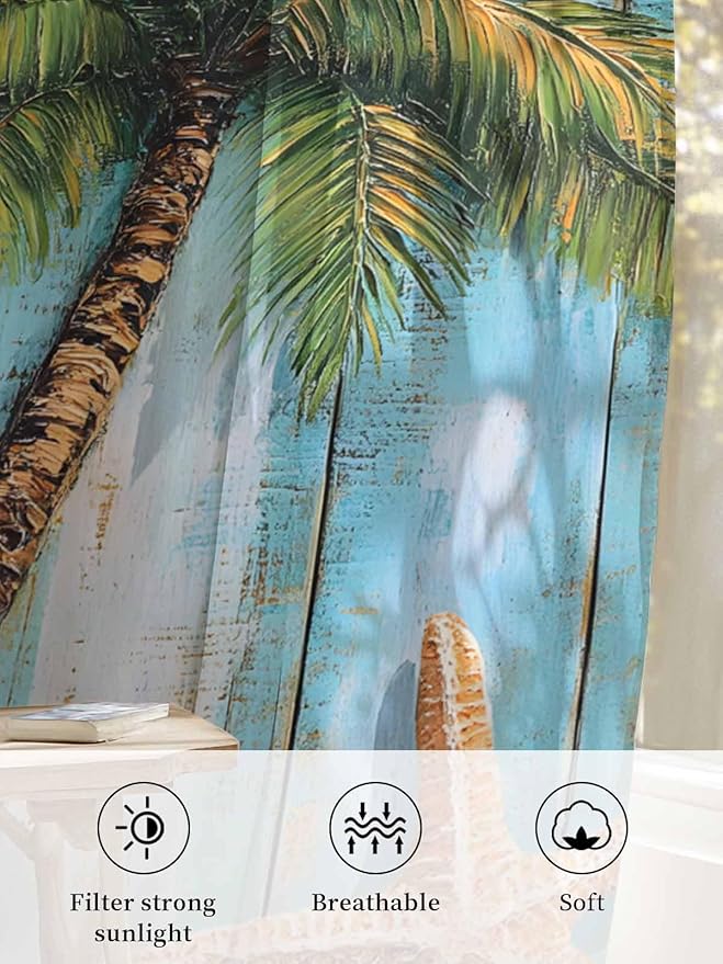 Sheer Curtains 54 Inch Length, Coastal Beach Tree Semi Sheer Curtains Light Filtering Window Treatment, Summer Tropical Starfish Wood Grain Privacy Voile Drapes for Living Room Bedroom 52x54 Inch