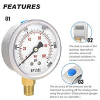 0-1500 Psi Glycerin Liquid Filled Hydraulic Pressure Gauge, 2.5" Dial Size, 1/4" NPT Lower Mount, 304 Stainless Steel Case, for Water Oil Air Gas Pressure Test
