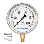 MEASUREMAN 4" Dial Size, Glycerin Filled Plumbing Pressure Gauge, 0-100psi, Stainless Steel Case, 1/4" NPT Lower Mount