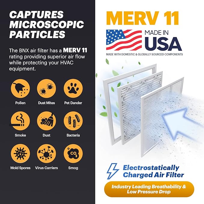 BNX TruFilter 16x25x1 Air Filter MERV 11 (12-Pack) - MADE IN USA - Allergen Defense Electrostatic Pleated Air HVAC AC Furnace Filters for Allergies, Dust, Pet, Smoke, Allergy MPR 1200 FPR 7