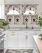 Village Stars Swag Kitchen Curtains Valance and Tier Set, Vintage Dark Red Star Berry Beige Barn Doors Light-Filtering Swag Valance 24 Inch Length, Rod Pocket Short Curtain for Bedroom Cafe
