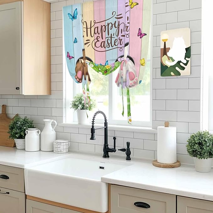 Tie Up Curtains,Happy Easter Rabbit Butt Egg on Daisy Leaf Adjustable Rod Pocket Window Shade Curtain Drape Bufferfly on Wood Barn Tie-Up Valance for Kitchen Bedroom Living Room Windows,42"x54"